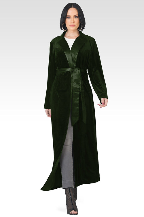 Freya Green Stretch Velvet Wrap Midi Coat Dress With Satin Lapel And Satin Belt
