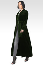 Freya Green Stretch Velvet Wrap Midi Coat Dress With Satin Lapel And Satin Belt