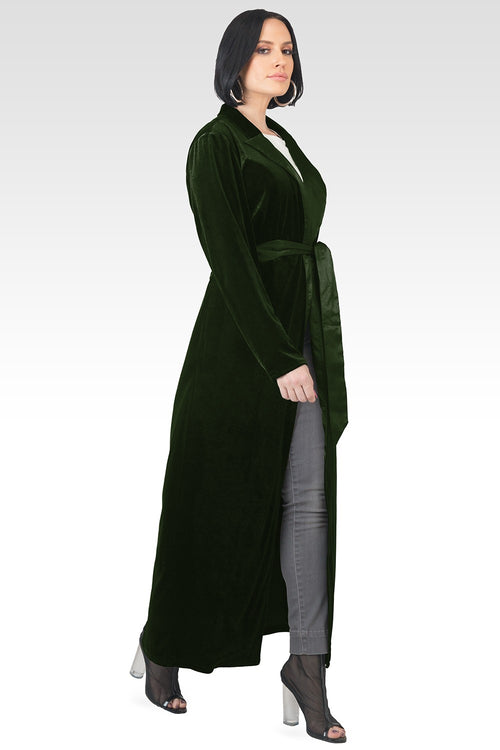 Freya Green Stretch Velvet Wrap Midi Coat Dress With Satin Lapel And Satin Belt