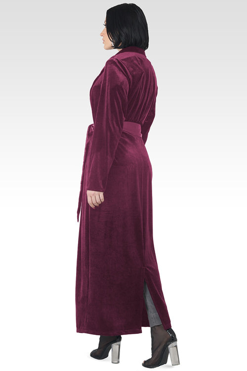 Freya Rose Stretch Velvet Wrap Midi Coat Dress With Satin Lapel And Satin Belt