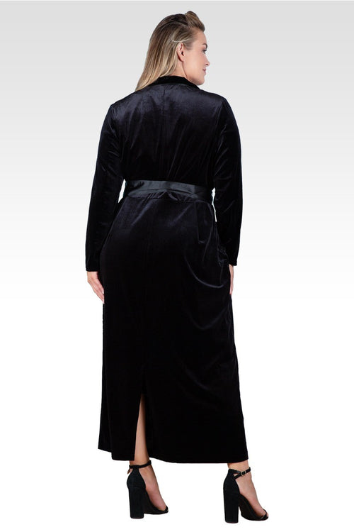 Plus Size Freya Stretch Velvet Wrap Midi Coat Dress With Satin Lapel And Satin Belt