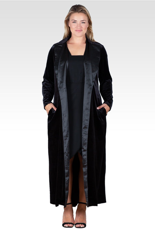 Plus Size Freya Stretch Velvet Wrap Midi Coat Dress With Satin Lapel And Satin Belt