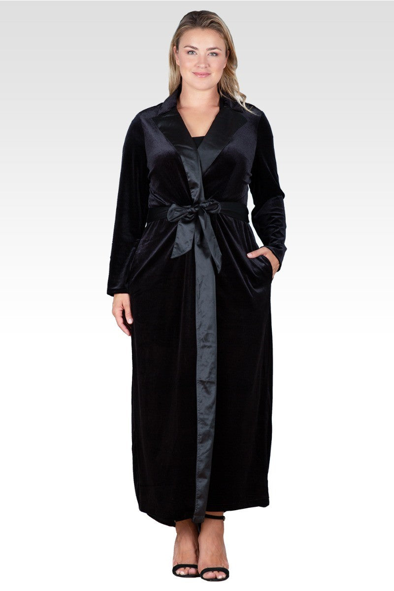 Standards & Practices Freya Stretch Black Velvet Wrap Midi Coat Dress with Satin Lapel & Satin Belt