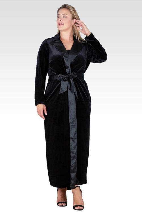 Plus Size Freya Stretch Velvet Wrap Midi Coat Dress With Satin Lapel And Satin Belt