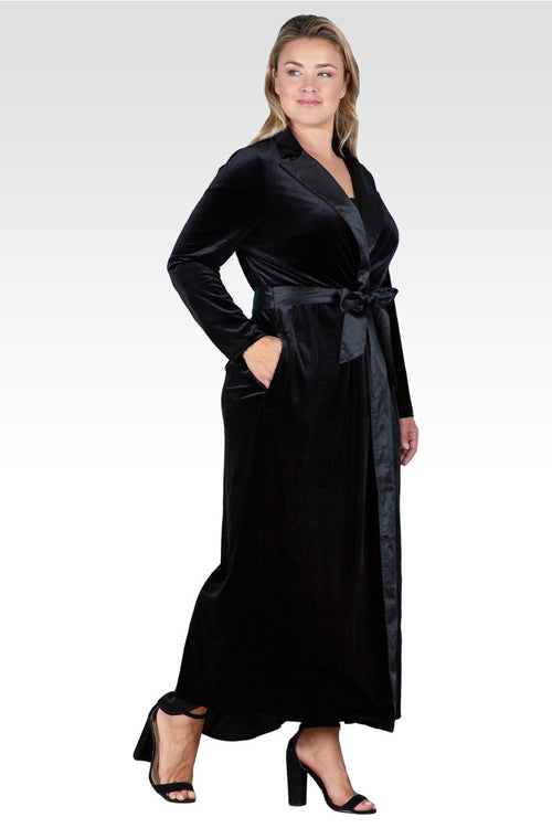 Plus Size Freya Stretch Velvet Wrap Midi Coat Dress With Satin Lapel And Satin Belt