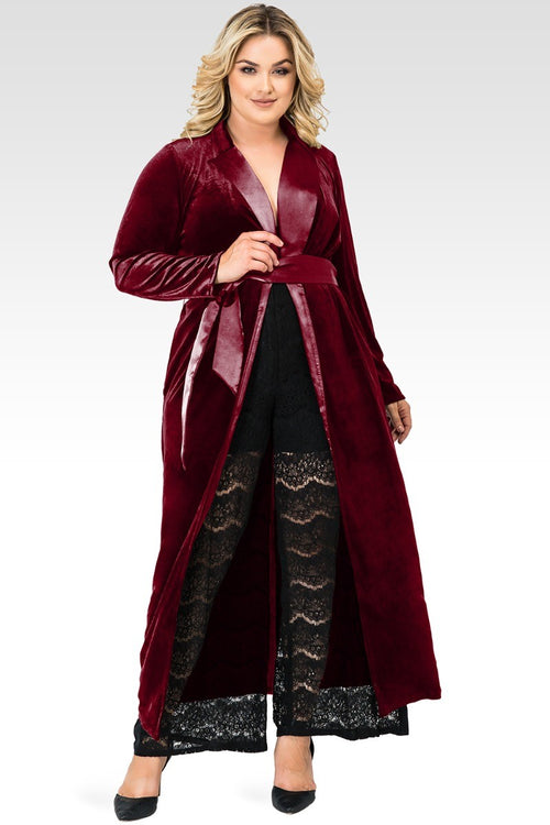 Plus Size Freya Deep Red Stretch Velvet Wrap Midi Coat Dress With Satin Lapel And Satin Belt