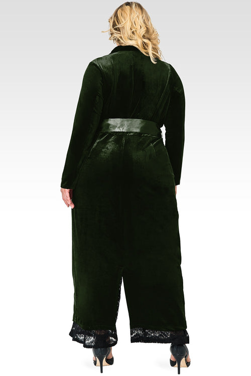 Plus Size Freya Green Stretch Velvet Wrap Midi Coat Dress With Satin Lapel And Satin Belt