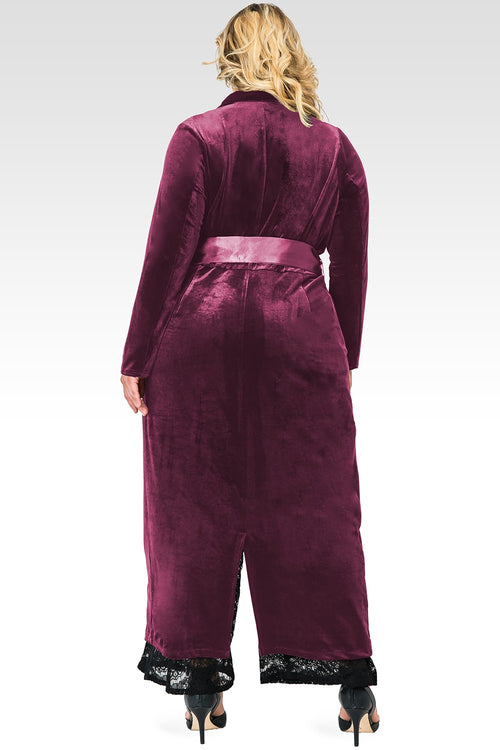 Plus Size Freya Rose Stretch Velvet Wrap Midi Coat Dress With Satin Lapel And Satin Belt