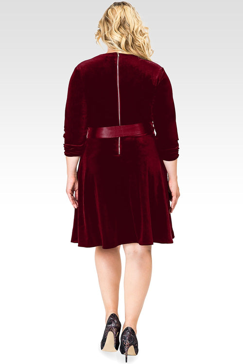 Plus Size Millie Deep Red Stretch Velvet V-Neck Aline Dress With Satin Belt
