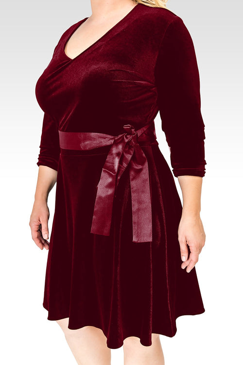 Plus Size Millie Deep Red Stretch Velvet V-Neck Aline Dress With Satin Belt