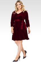 Plus Size Millie Deep Red Stretch Velvet V-Neck Aline Dress With Satin Belt