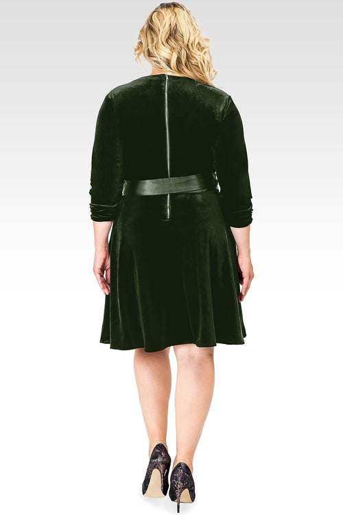 Plus Size Millie Green Stretch Velvet V-Neck Aline Dress With Satin Belt