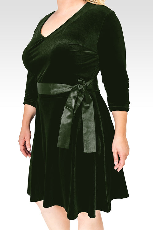 Plus Size Millie Green Stretch Velvet V-Neck Aline Dress With Satin Belt