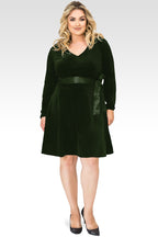Plus Size Millie Green Stretch Velvet V-Neck Aline Dress With Satin Belt