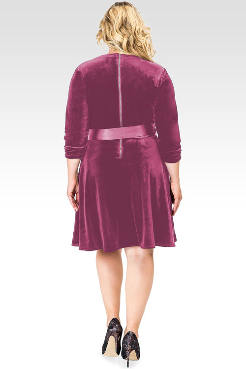 Plus Size Millie Rose Stretch Velvet V-Neck Aline Dress With Satin Belt