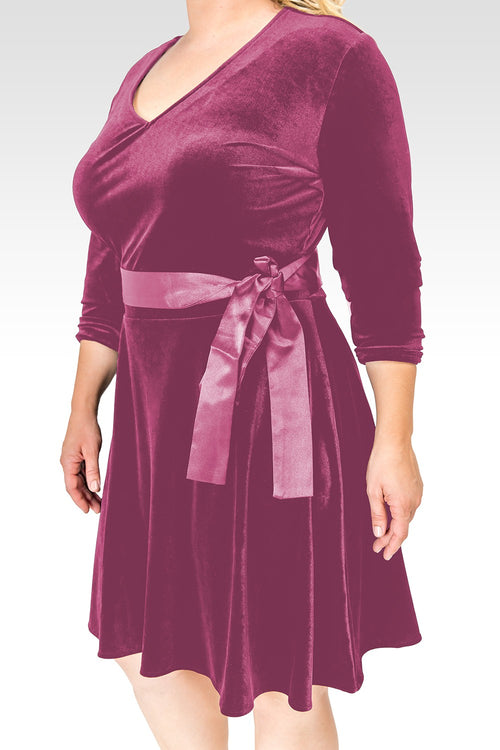 Plus Size Millie Rose Stretch Velvet V-Neck Aline Dress With Satin Belt