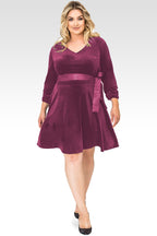Plus Size Millie Rose Stretch Velvet V-Neck Aline Dress With Satin Belt