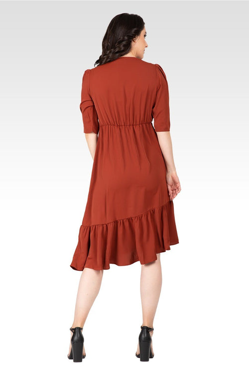 Kelsie Women's Ruched sleeve V Neck Ruffle Hem Midi Dress