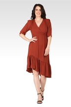 Kelsie Women's Ruched sleeve V Neck Ruffle Hem Midi Dress