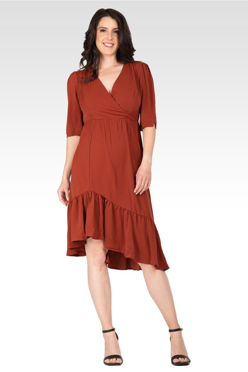 Kelsie Women's Ruched sleeve V Neck Ruffle Hem Midi Dress