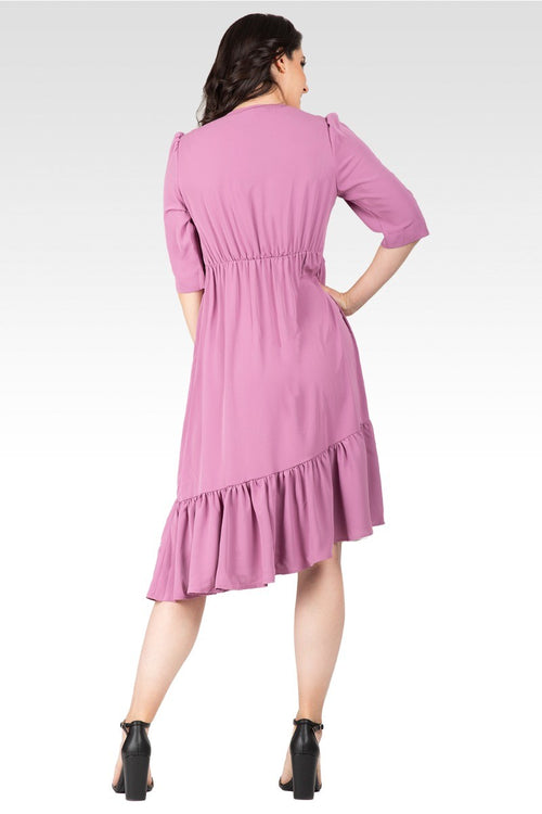 Kelsie Women's Ruched sleeve V Neck Ruffle Hem Midi Dress