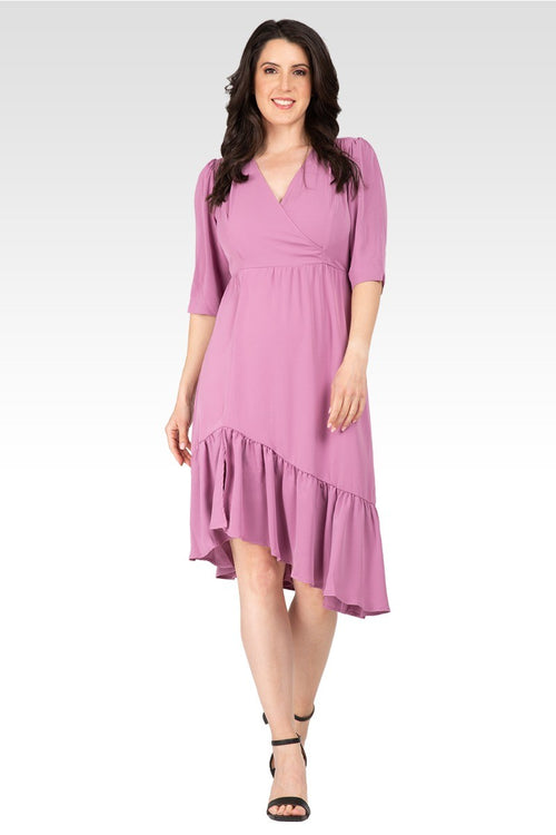 Kelsie Women's Ruched sleeve V Neck Ruffle Hem Midi Dress