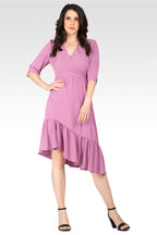 Kelsie Women's Ruched sleeve V Neck Ruffle Hem Midi Dress