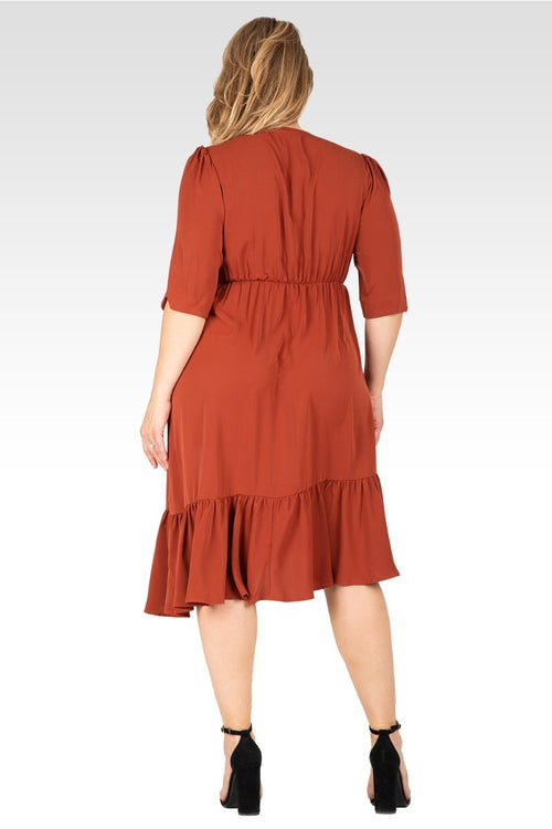 Kelsie Women's Plus Size  Ruched sleeve V Neck Ruffle Hem Midi Dress