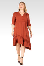 Kelsie Women's Plus Size  Ruched sleeve V Neck Ruffle Hem Midi Dress