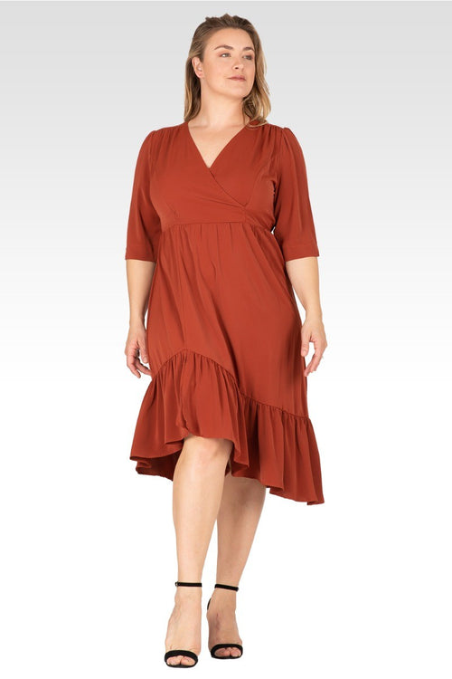Kelsie Women's Plus Size  Ruched sleeve V Neck Ruffle Hem Midi Dress
