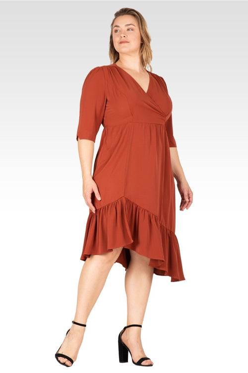 Kelsie Women's Plus Size  Ruched sleeve V Neck Ruffle Hem Midi Dress