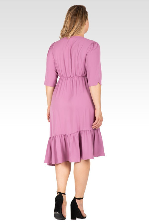 Kelsie Women's Plus Size Ruched sleeve V Neck Ruffle Hem Midi Dress