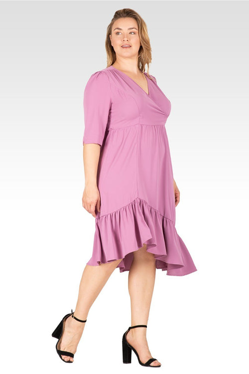 Kelsie Women's Plus Size Ruched sleeve V Neck Ruffle Hem Midi Dress