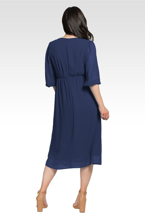 Kenna Women's Tie Front Puff Sleeves Midi Dress - Deep Ocean