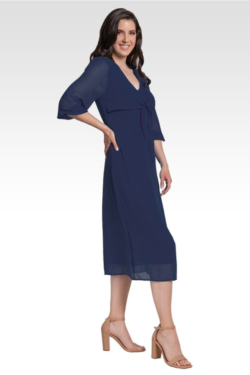 Kenna Women's Tie Front Puff Sleeves Midi Dress - Deep Ocean