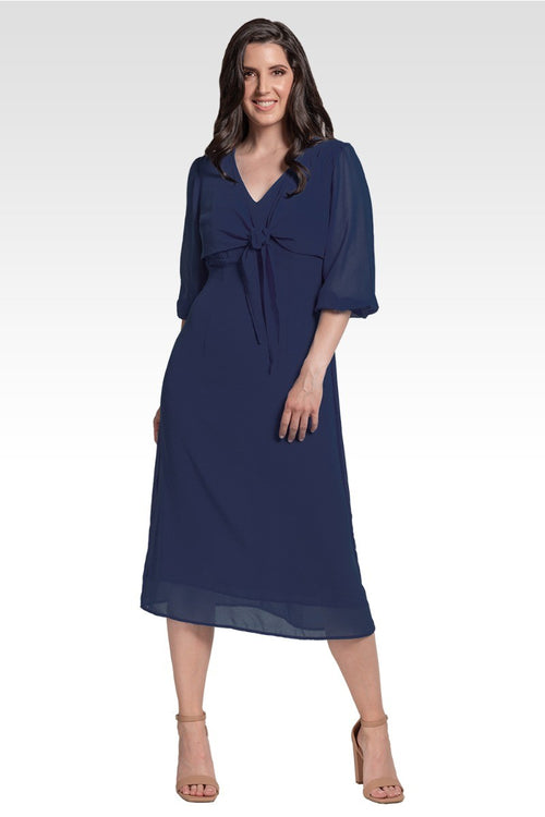 Kenna Women's Tie Front Puff Sleeves Midi Dress - Deep Ocean