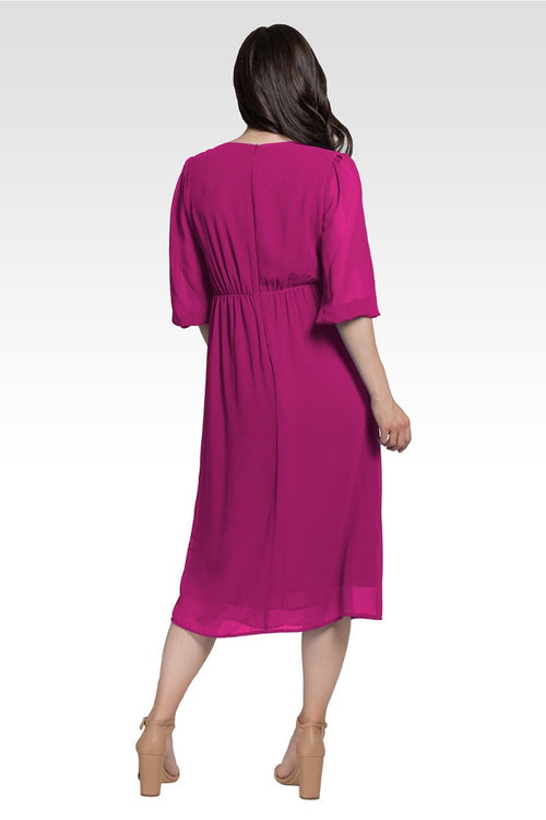 Kenna Women's Tie Front Puff Sleeves Midi Dress - Plum Pie