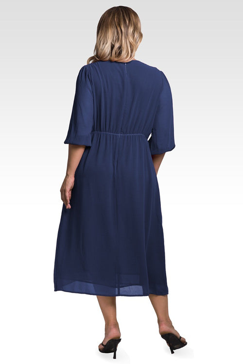 Kenna Women's Plus Size Tie Front Puff Sleeves Midi Dress - Deep Ocean