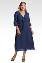 Kenna Women's Plus Size Tie Front Puff Sleeves Midi Dress - Deep Ocean