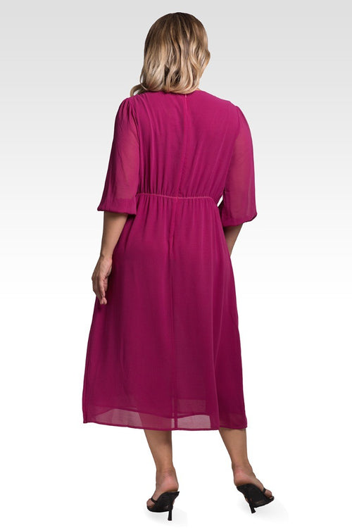 Kenna Women's Plus Size Tie Front Puff Sleeves Midi Dress - Plum Pie