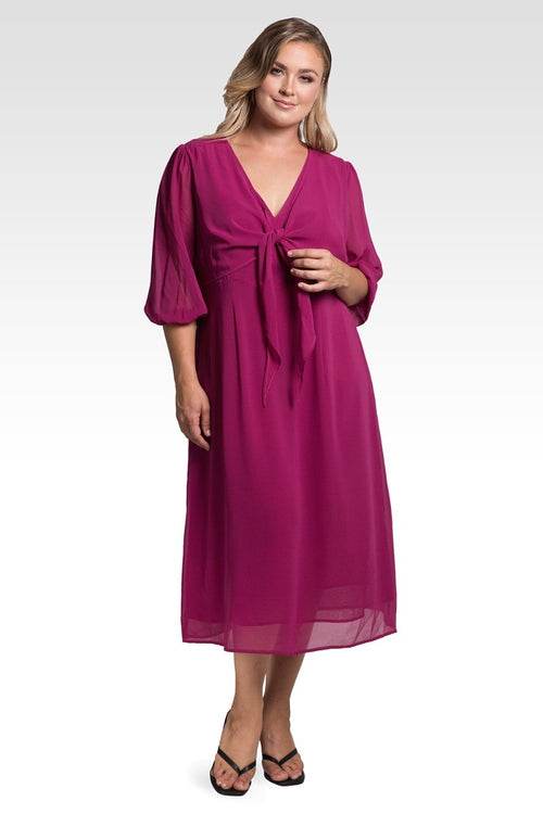 Kenna Women's Plus Size Tie Front Puff Sleeves Midi Dress - Plum Pie