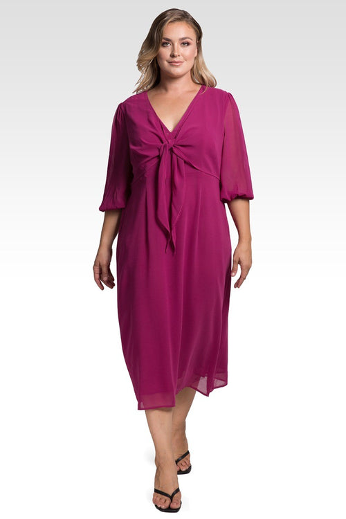 Kenna Women's Plus Size Tie Front Puff Sleeves Midi Dress - Plum Pie