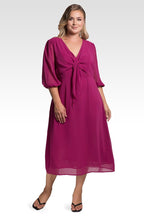 Kenna Women's Plus Size Tie Front Puff Sleeves Midi Dress - Plum Pie