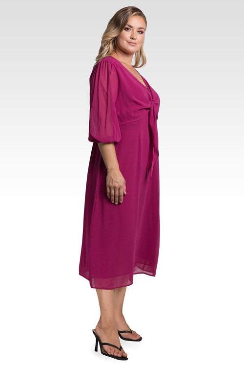 Kenna Women's Plus Size Tie Front Puff Sleeves Midi Dress - Plum Pie