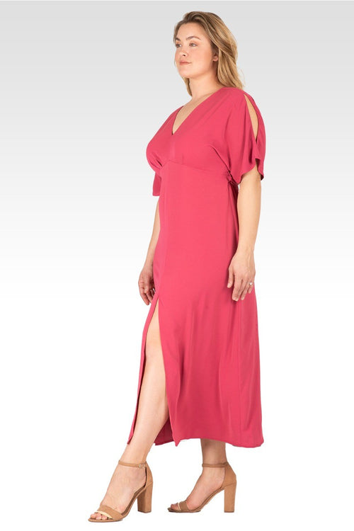 Scarlett Women's Plus Size  V Neck Kimono Sleeves Maxi Dress - Rose