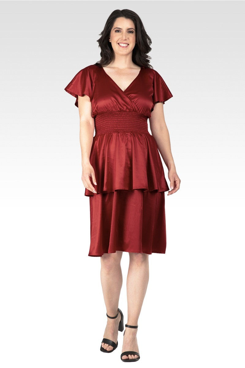 Women's Flutter Sleeves Layered Satin Midi Dress