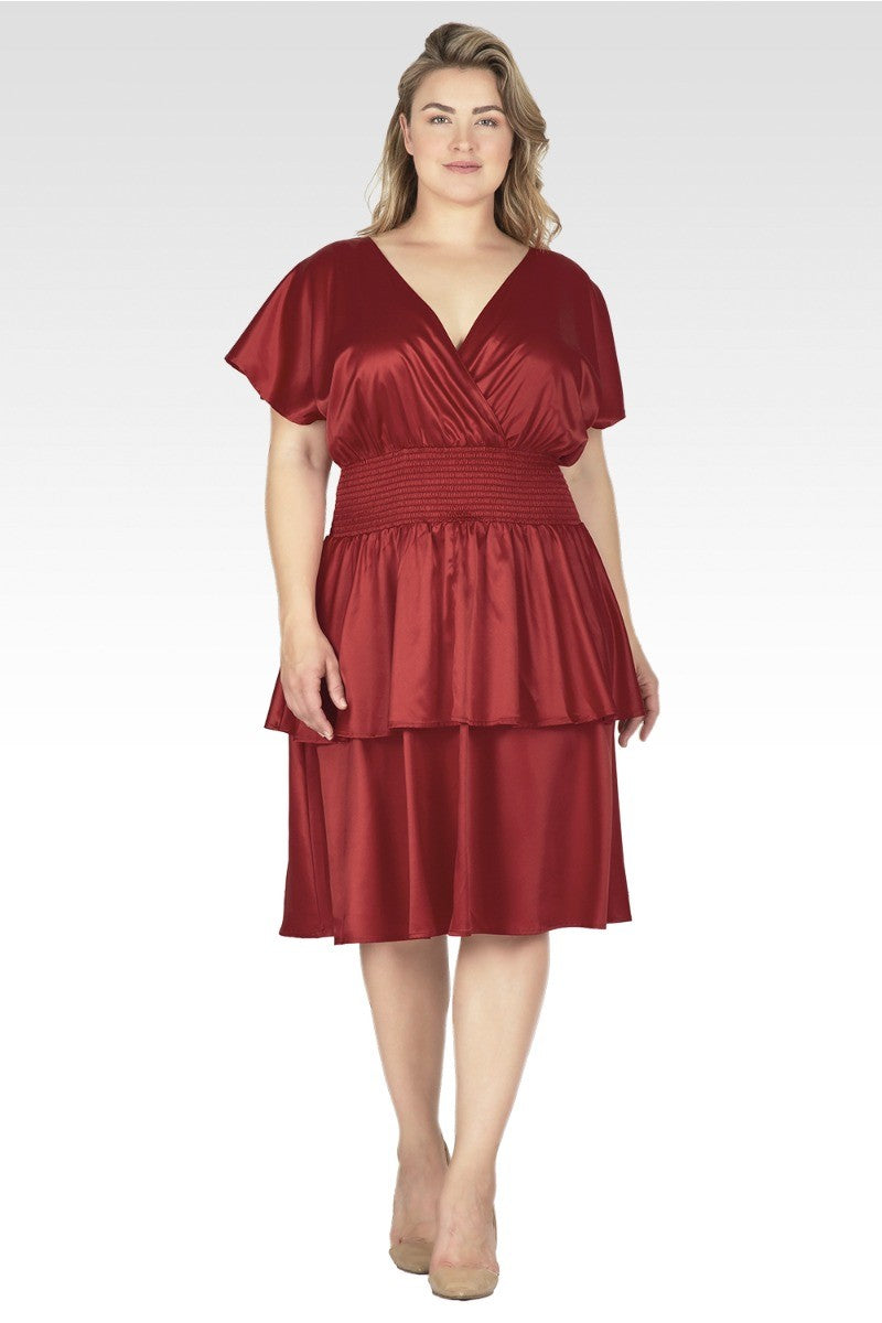 flutter sleeve satin midi dress Women's Plus Size Red Satin Midi Dress