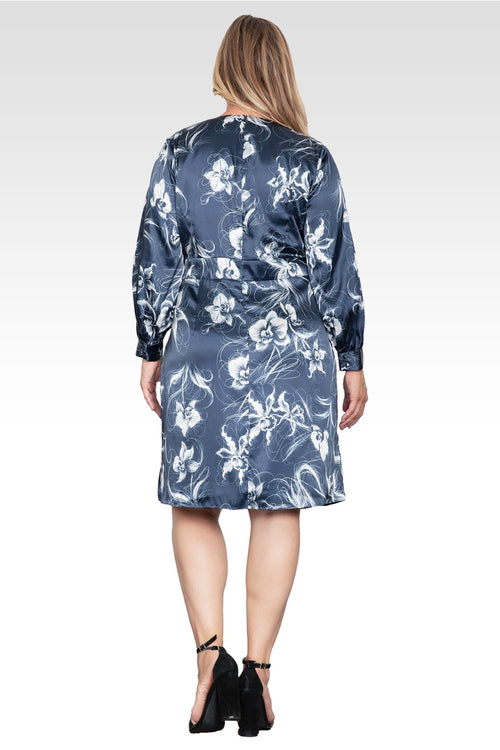 Fiona Women's Plus Size Floral Print Faux Wrap Satin Midi Dress