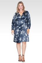 Fiona Women's Plus Size Floral Print Faux Wrap Satin Midi Dress