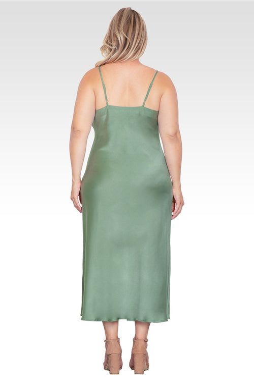 Plus Size Cowl Neck Spaghetti Strap Satin Slip Dress - Bay Leaf